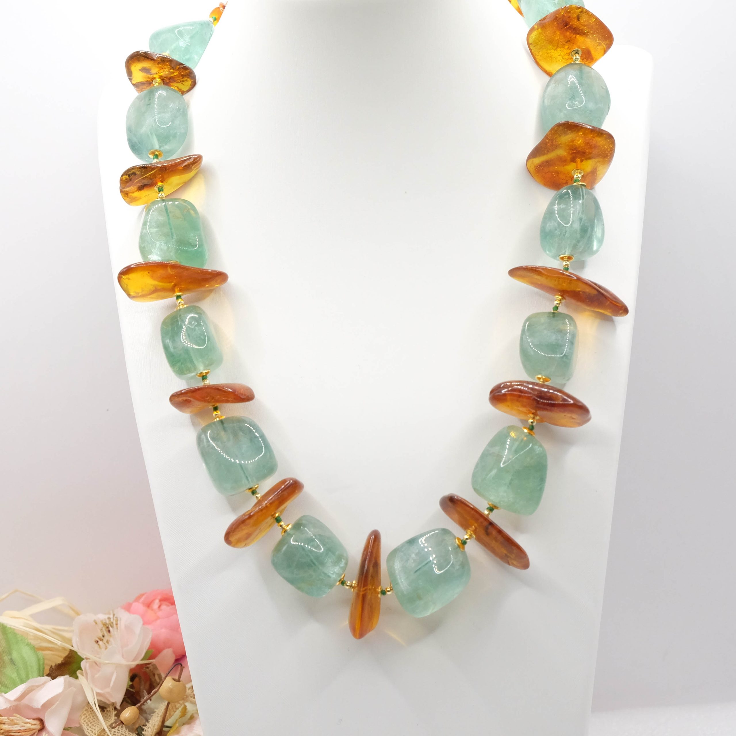 COLLANA ARTIGIANALE AMBRA FLUORITE EMATITE ARGENTO 925 PLACCATO ORO (3)