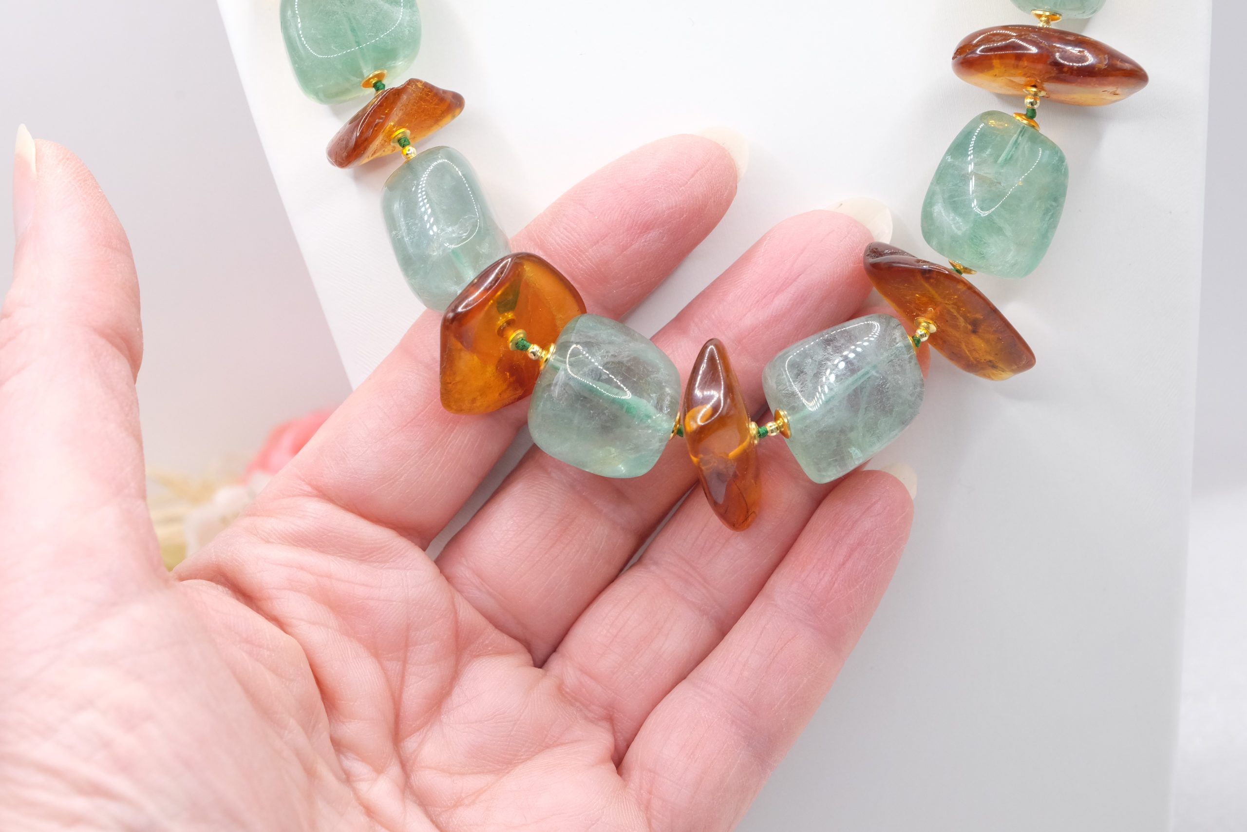 COLLANA ARTIGIANALE AMBRA FLUORITE EMATITE ARGENTO 925 PLACCATO ORO (4)