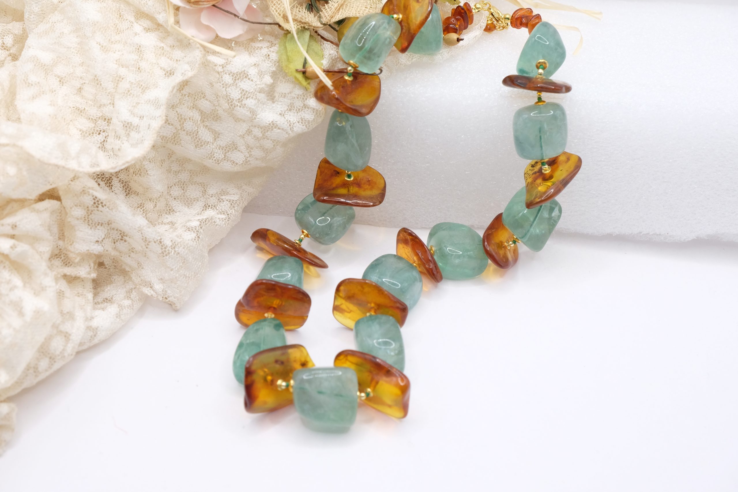 COLLANA ARTIGIANALE AMBRA FLUORITE EMATITE ARGENTO 925 PLACCATO ORO (5)
