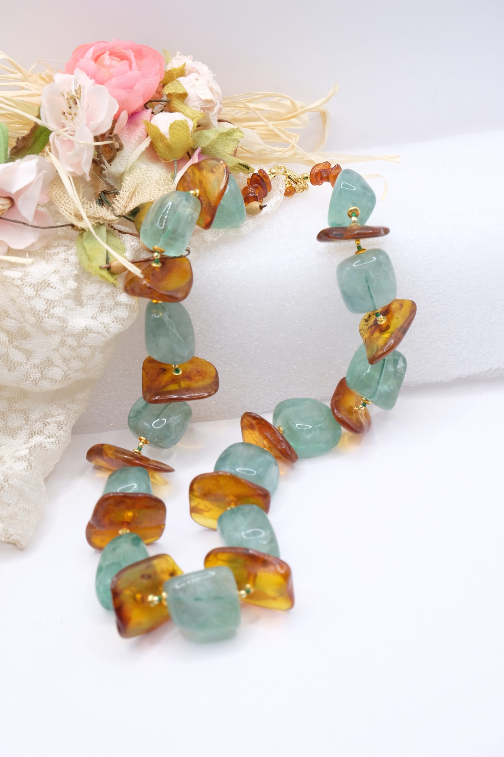 COLLANA ARTIGIANALE AMBRA FLUORITE EMATITE ARGENTO 925 PLACCATO ORO (6)