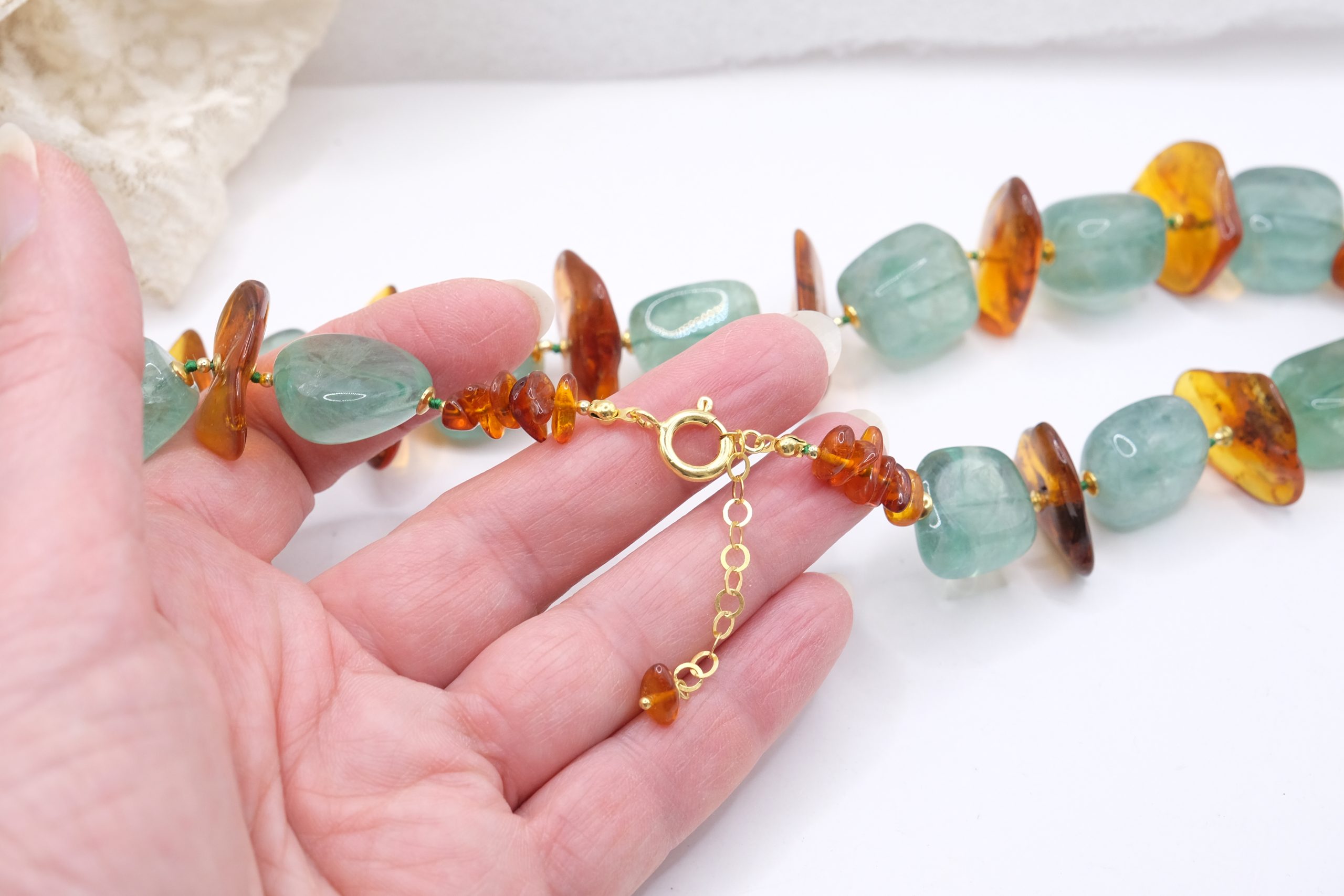 COLLANA ARTIGIANALE AMBRA FLUORITE EMATITE ARGENTO 925 PLACCATO ORO (7)