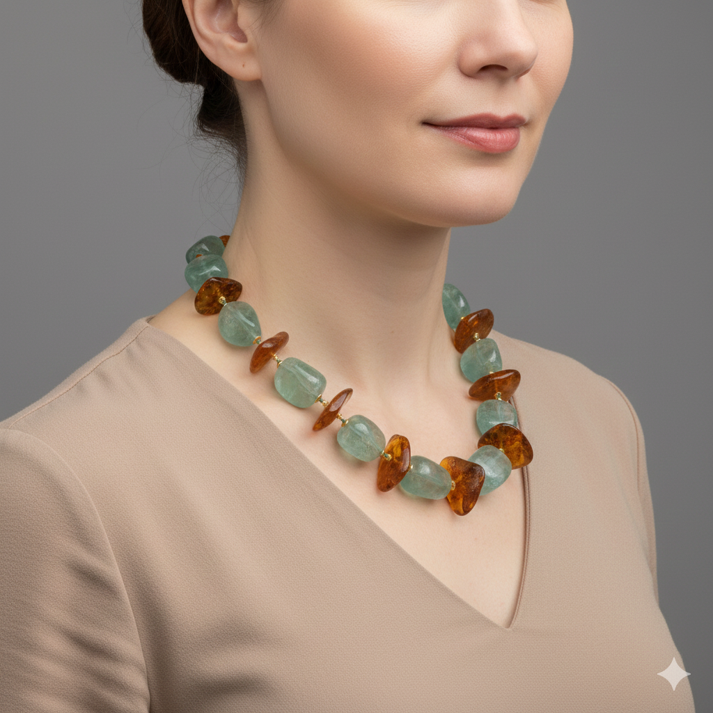 COLLANA ARTIGIANALE AMBRA FLUORITE EMATITE ARGENTO 925 PLACCATO ORO