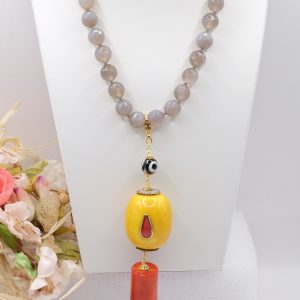 Collana Artigianale Ciondolo Nepalese Perla Corallo Agata Quarzo Grigio