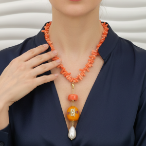 Collana Artigianale Ciondolo Nepalese Corallo Bamboo Perla
