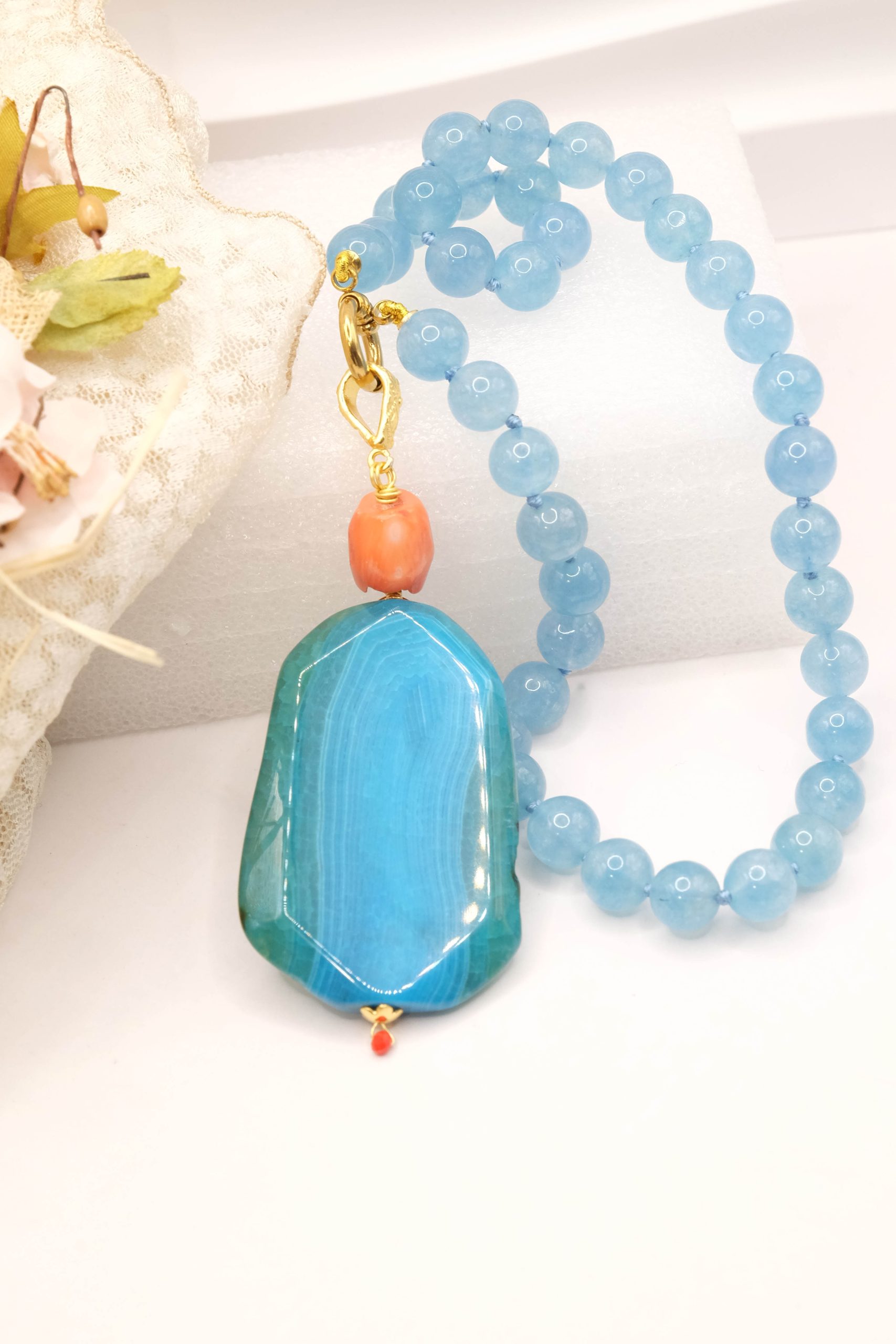 COLLANA ARTIGIANALE GIADA AZZURRA AGATA AZZURRA GREZZA CORALLO BAMBOO (1)