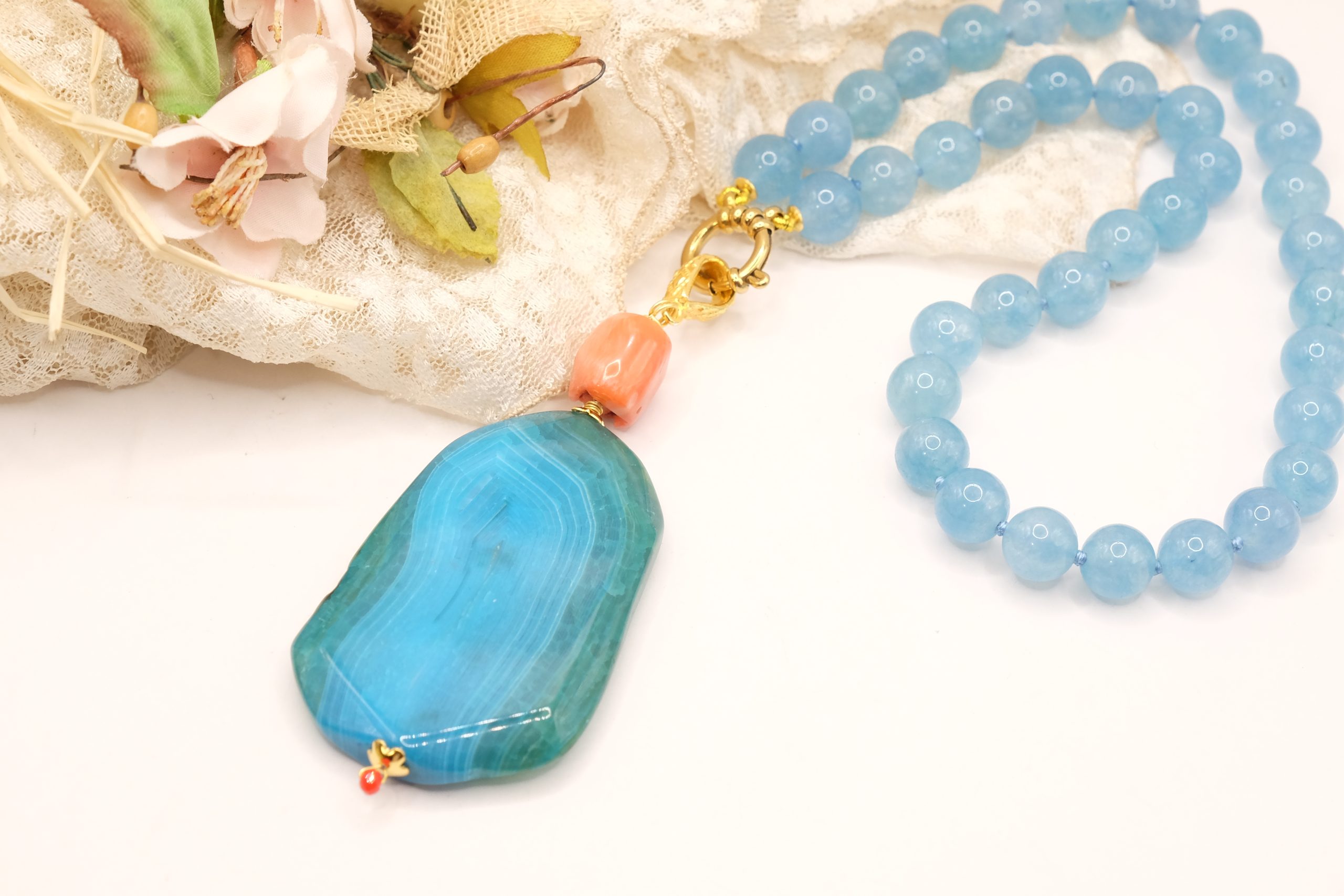 COLLANA ARTIGIANALE GIADA AZZURRA AGATA AZZURRA GREZZA CORALLO BAMBOO (2)