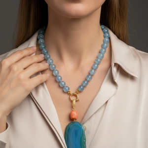 Collana Giada Azzurra Ciondolo Agata Azzurra Fetta Corallo Bamboo