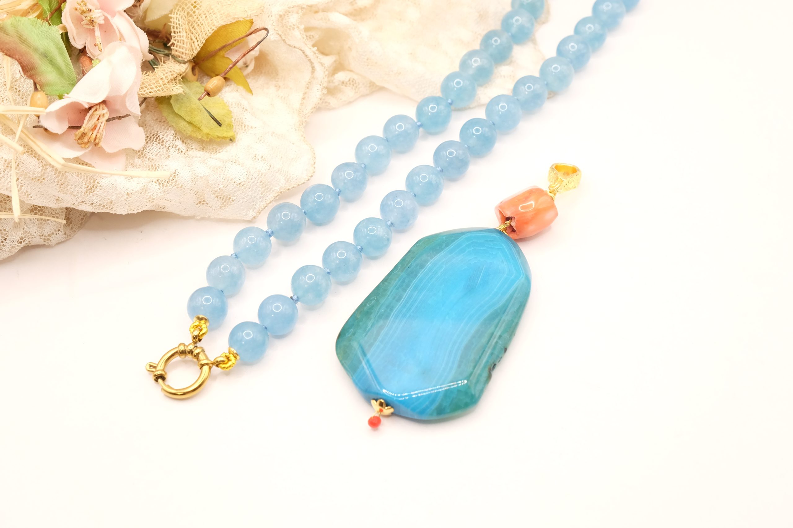 COLLANA ARTIGIANALE GIADA AZZURRA AGATA AZZURRA GREZZA CORALLO BAMBOO (5)