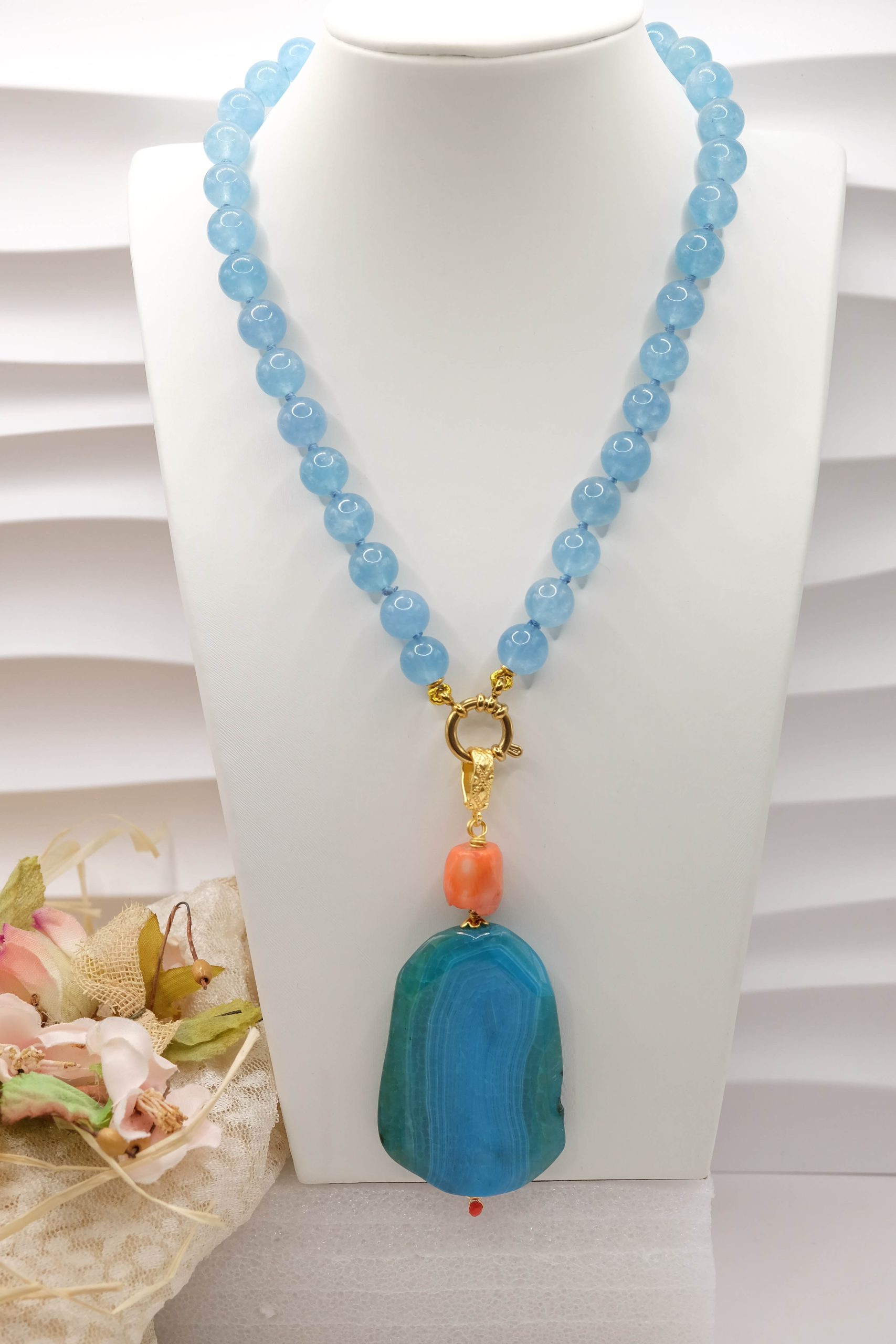 COLLANA ARTIGIANALE GIADA AZZURRA AGATA AZZURRA GREZZA CORALLO BAMBOO (6)