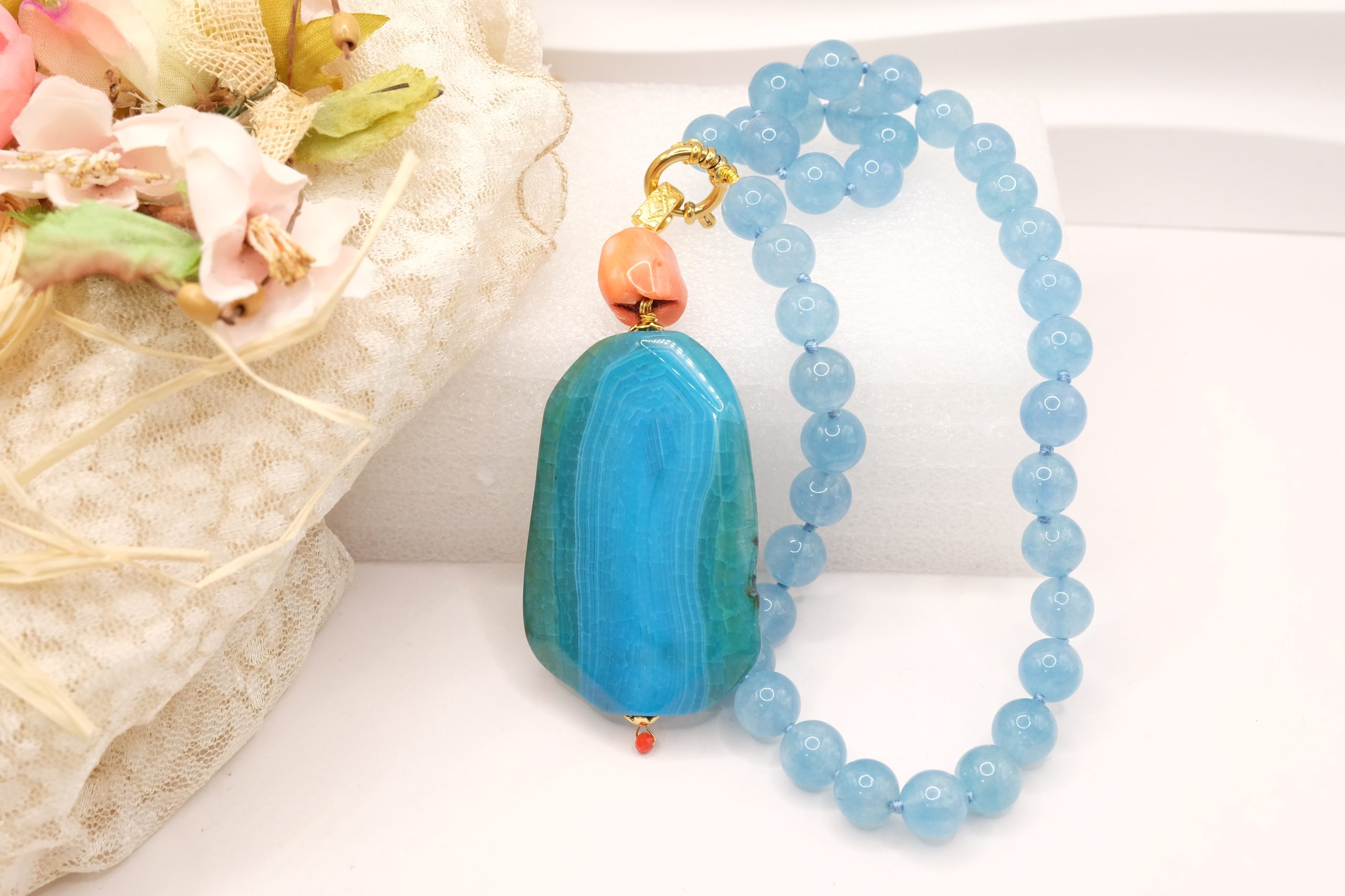 COLLANA ARTIGIANALE GIADA AZZURRA AGATA AZZURRA GREZZA CORALLO BAMBOO (8)