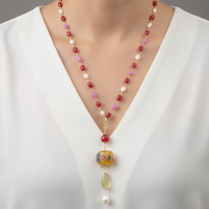 Collana Giada Borgogna Kunzite Ciondolo Nepalese Perla Quarzo