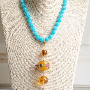 Collana Artigianale Ciondolo Nepalese Perla Ambra Giada Tiffany