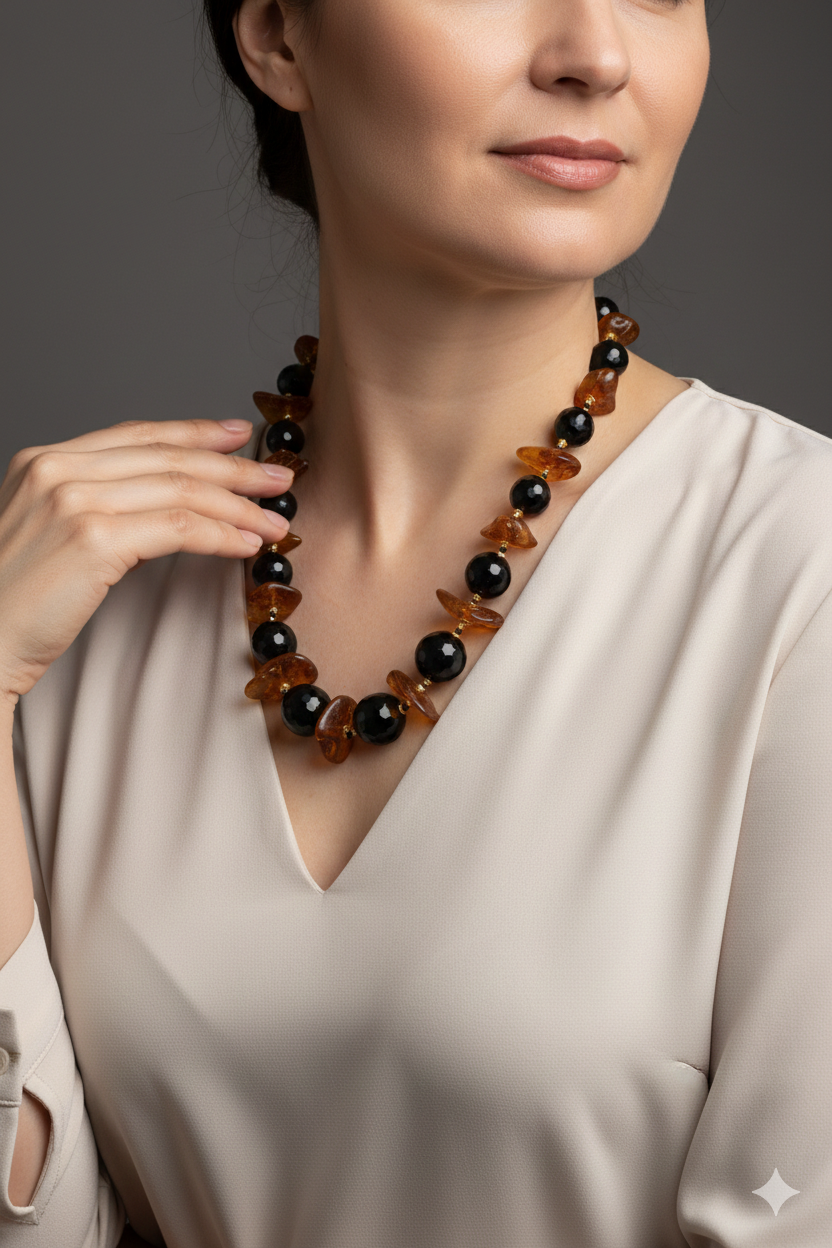 LARGE HANDCRAFTED BALTIC AMBER ONYX NECKLACE