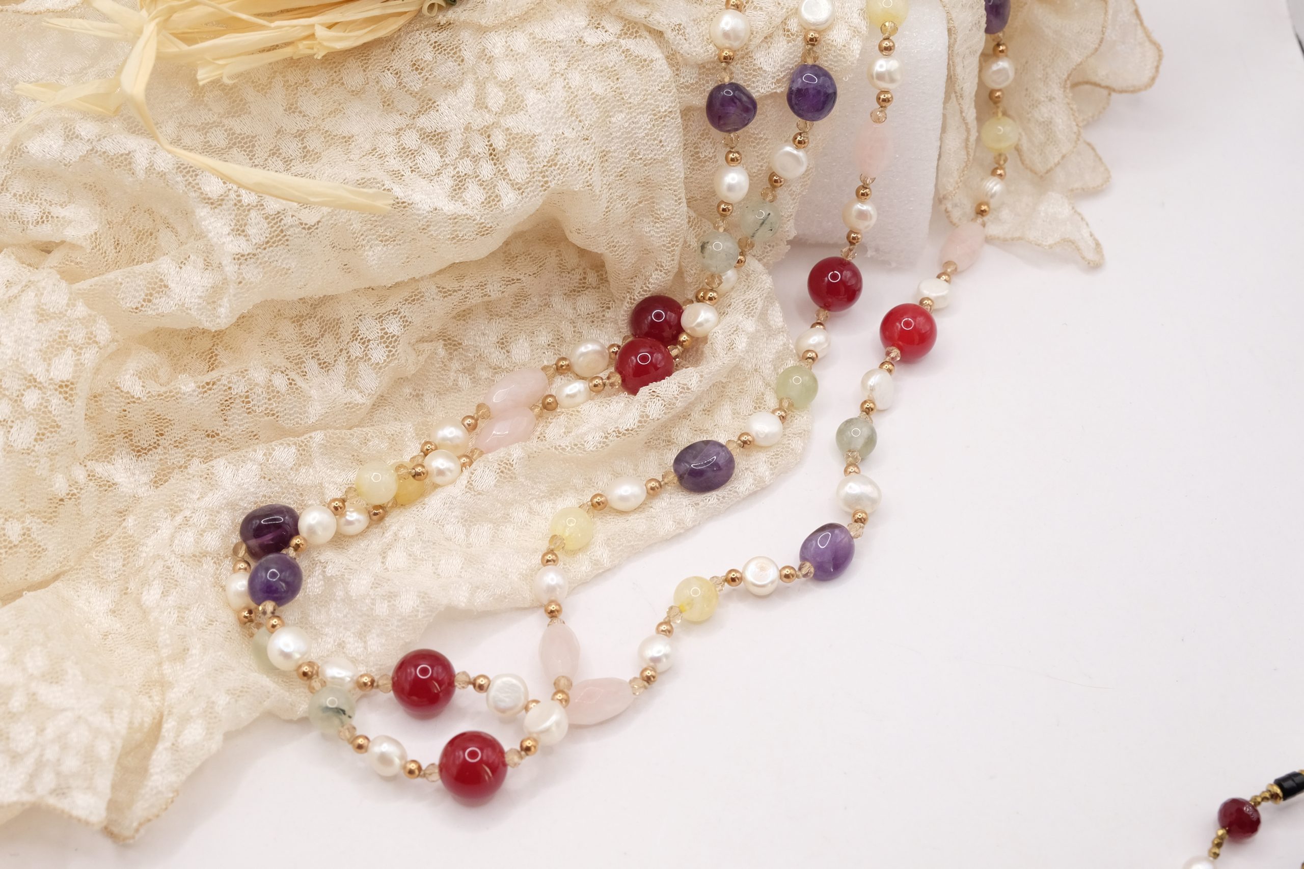 COLLANA ARTIGIANALE LUNGA AMETISTA BORGOGNA QUARZO ROSA PERLE PHRENITE EMATITE (2)