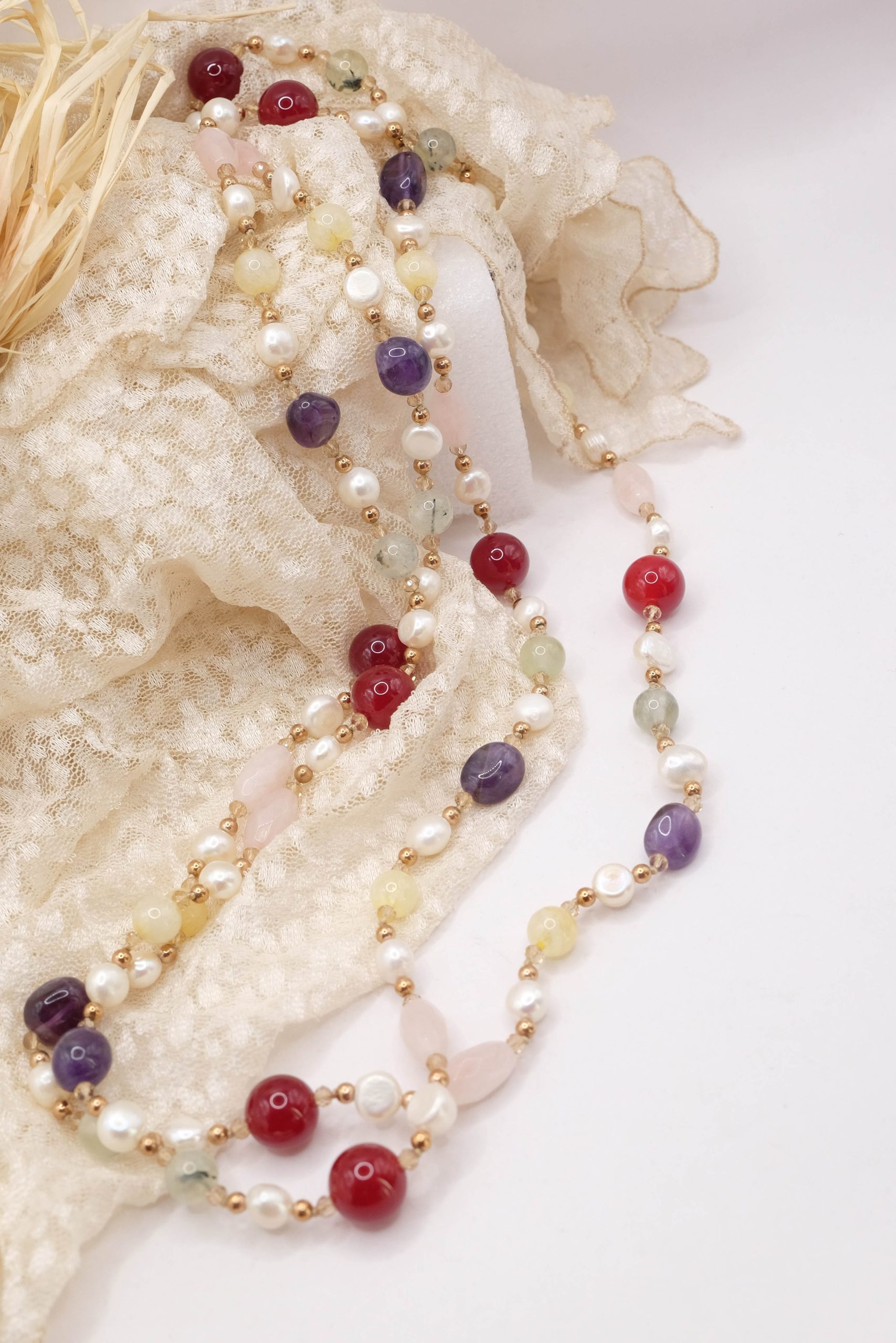 COLLANA ARTIGIANALE LUNGA AMETISTA BORGOGNA QUARZO ROSA PERLE PHRENITE EMATITE (3)