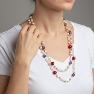 Collana Charleston Chanel Perle Quarzo Rosa Giada Borgogna Phrenite Perle Ametista Ematite