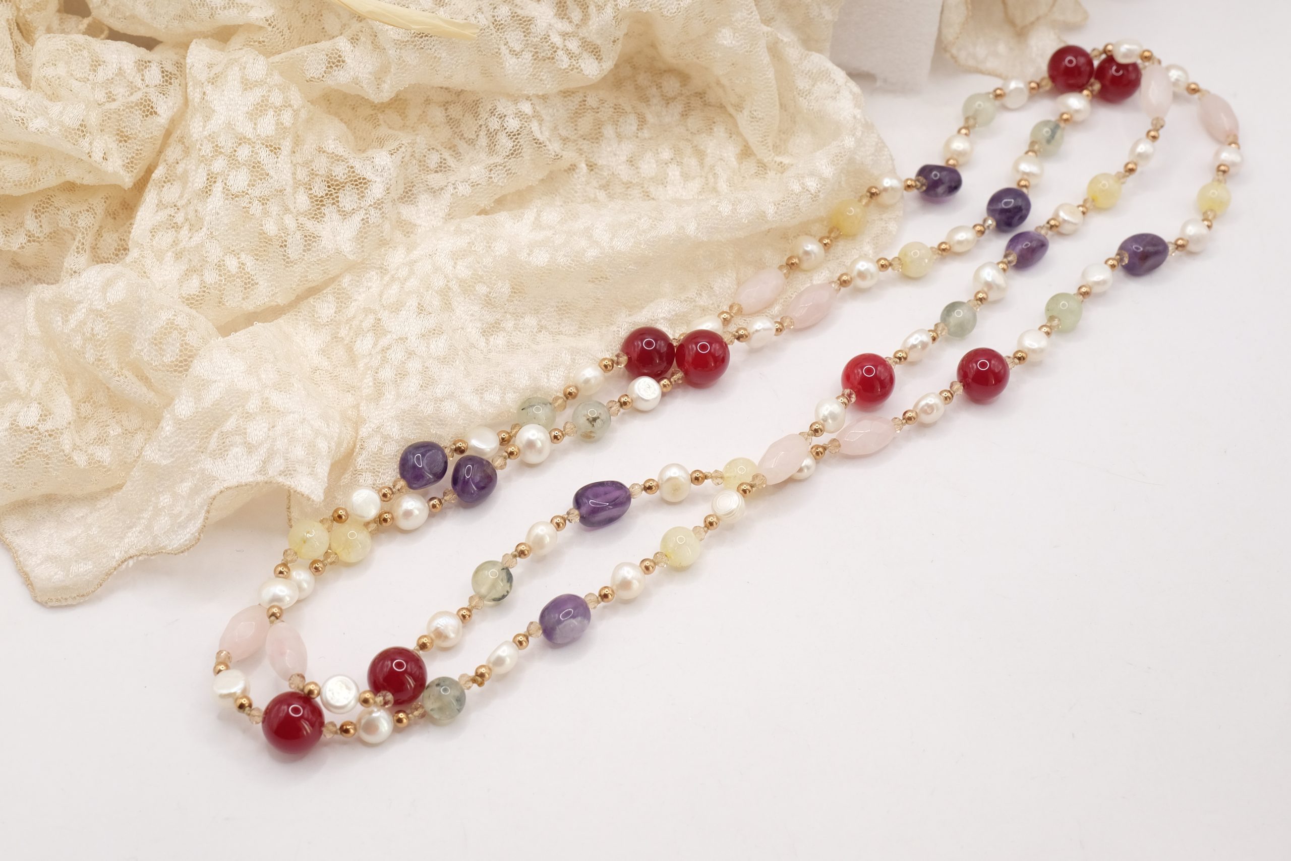 COLLANA ARTIGIANALE LUNGA AMETISTA BORGOGNA QUARZO ROSA PERLE PHRENITE EMATITE (4)