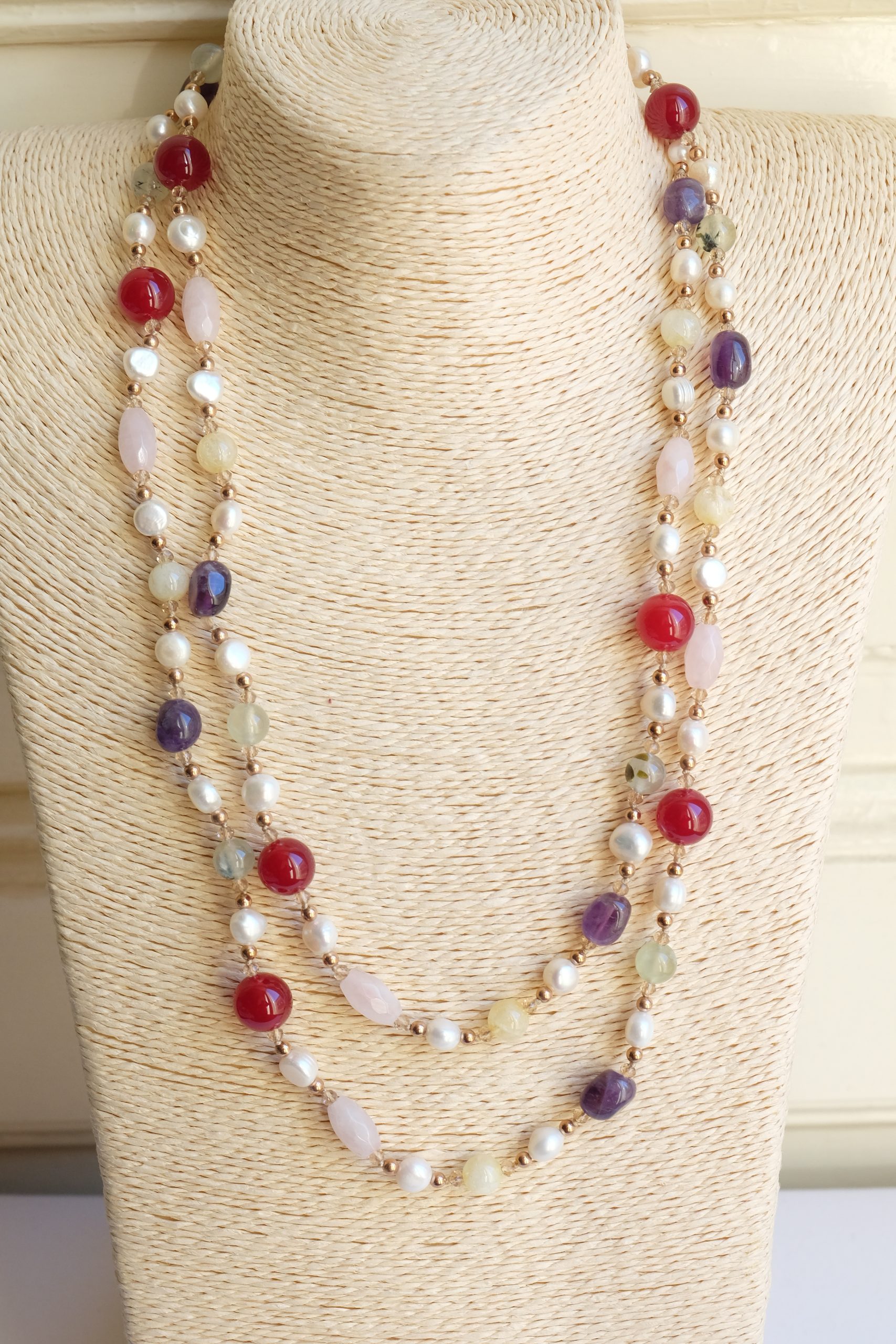 COLLANA ARTIGIANALE LUNGA AMETISTA BORGOGNA QUARZO ROSA PERLE PHRENITE EMATITE (5)