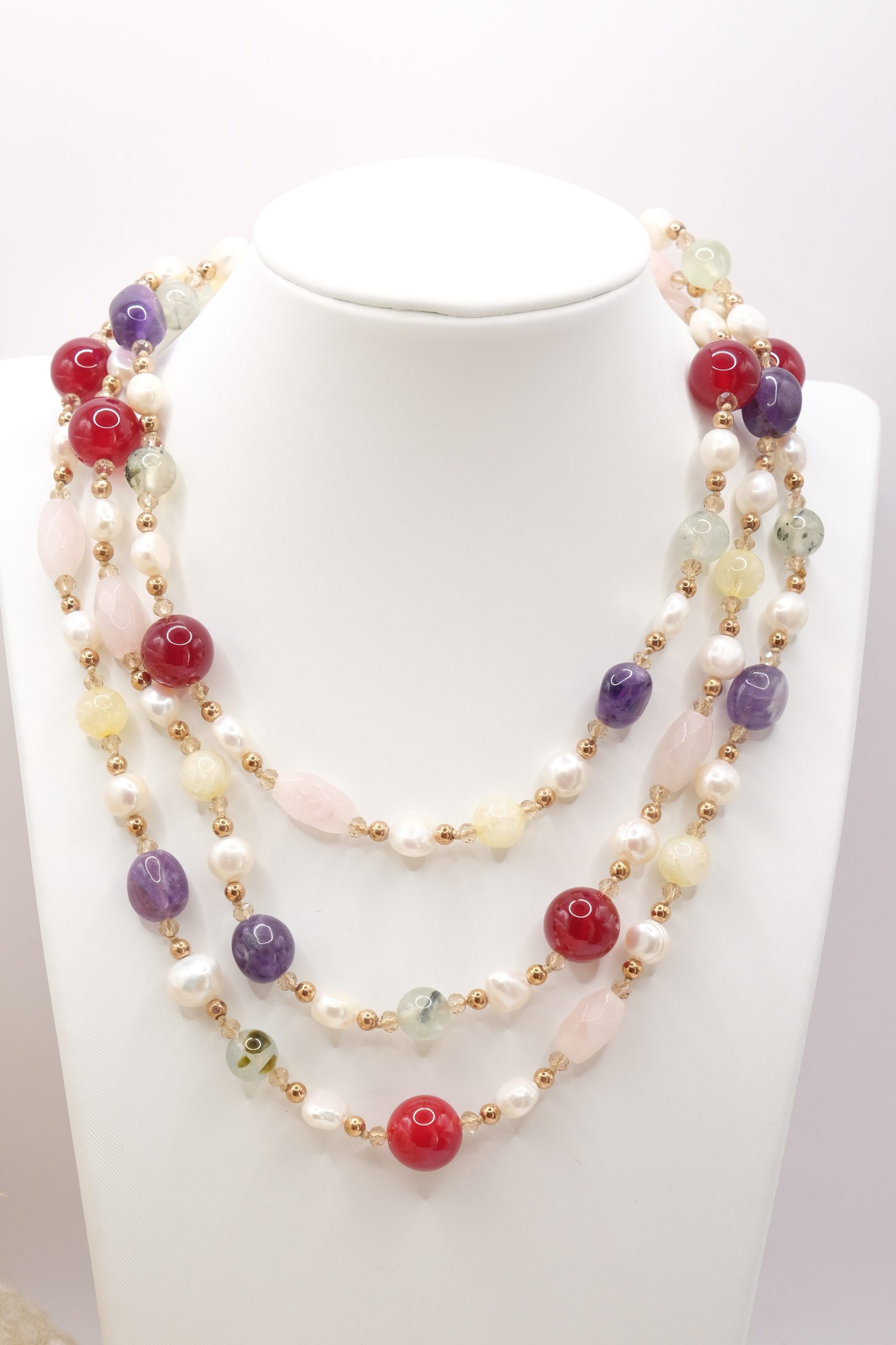 COLLANA ARTIGIANALE LUNGA AMETISTA BORGOGNA QUARZO ROSA PERLE PHRENITE EMATITE (6)