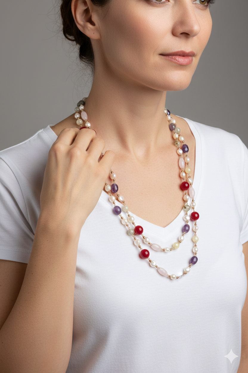 COLLANA ARTIGIANALE LUNGA AMETISTA BORGOGNA QUARZO ROSA PERLE PHRENITE EMATITE