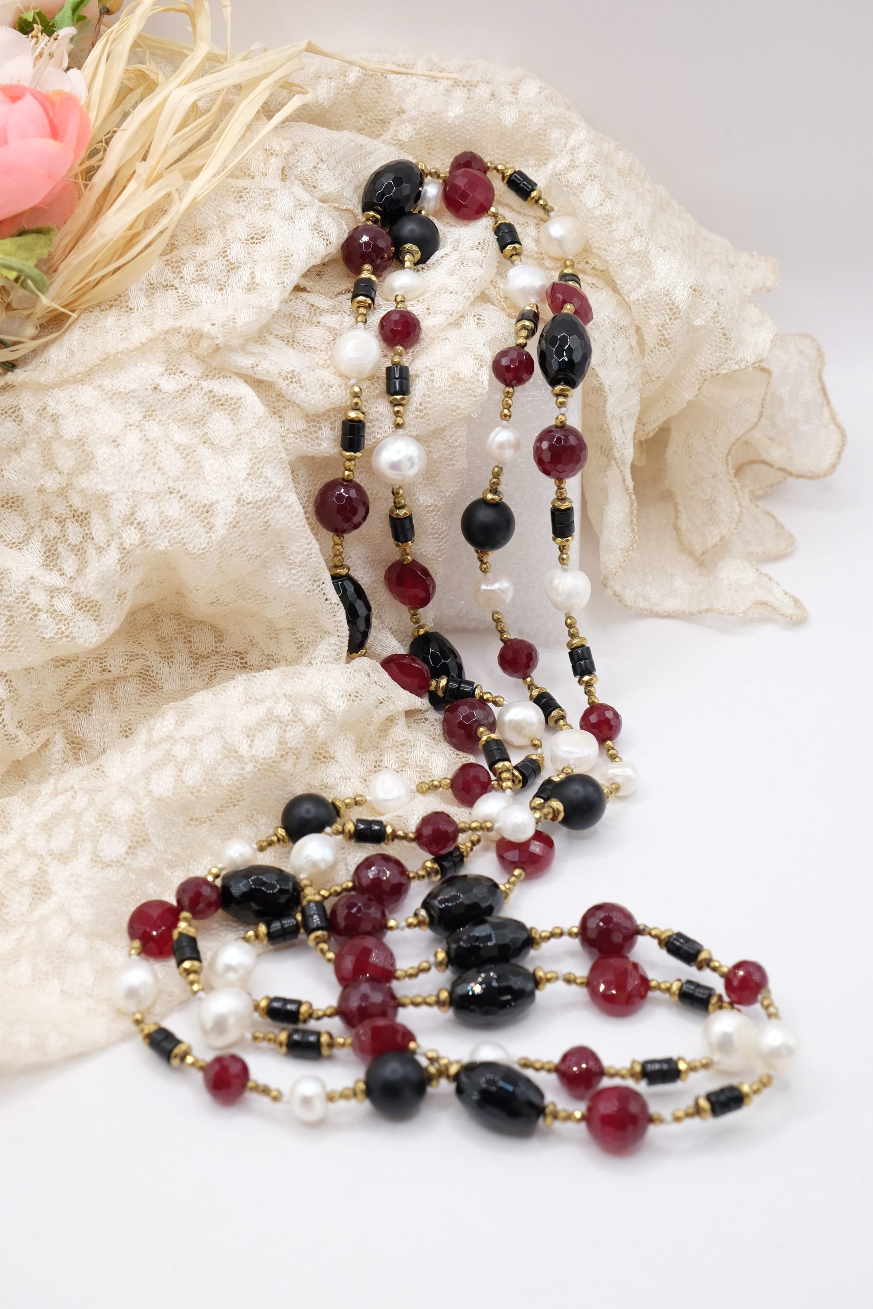 COLLANA ARTIGIANALE LUNGA ONICE BORGOGNA PERLE PHRENITE EMATITE (1)