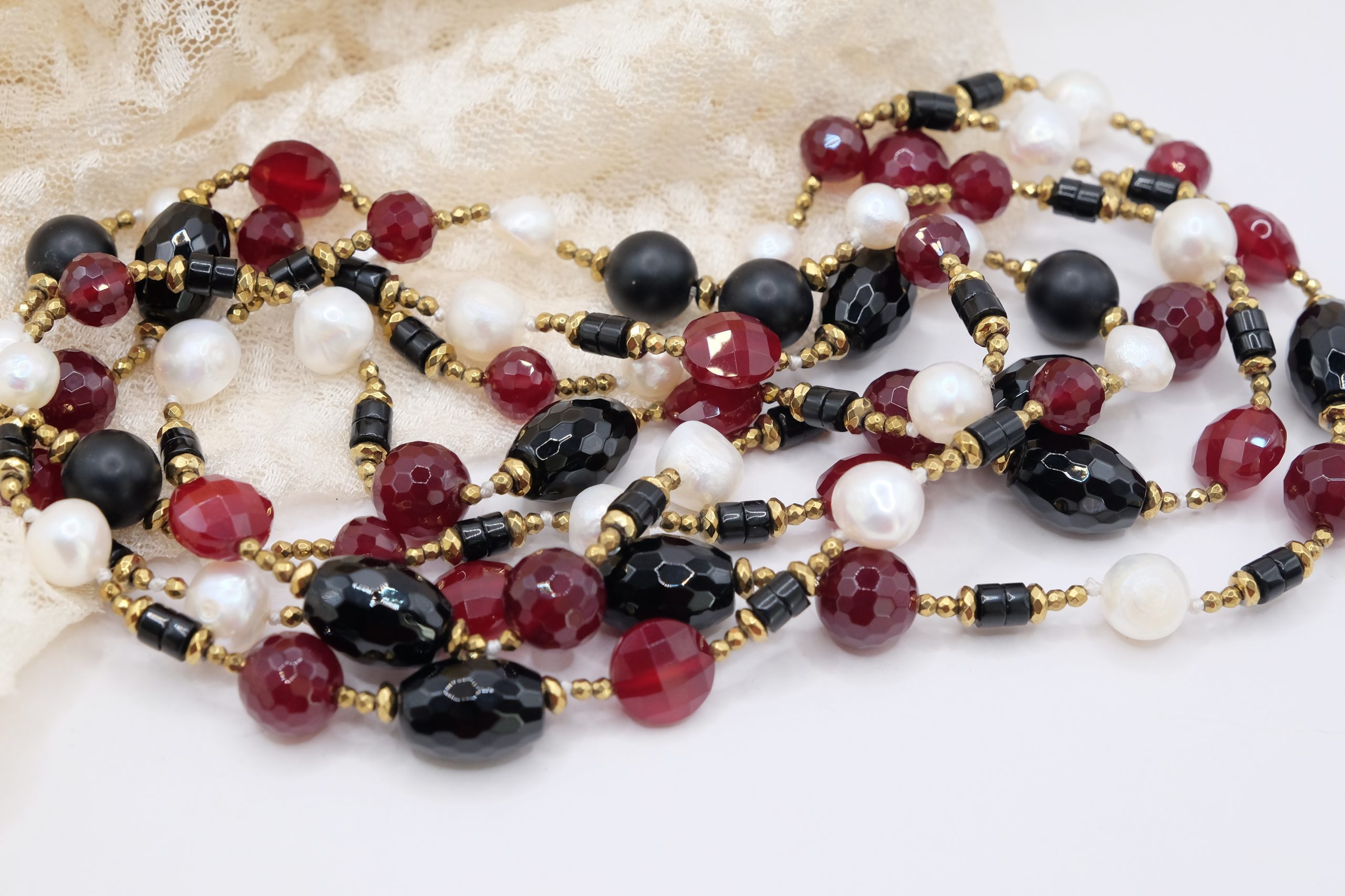 COLLANA ARTIGIANALE LUNGA ONICE BORGOGNA PERLE PHRENITE EMATITE (4)