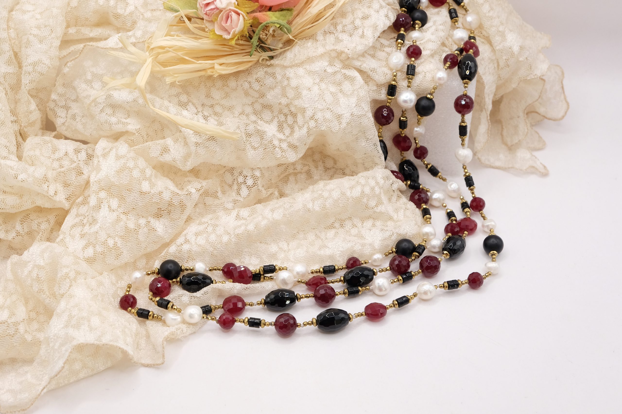 COLLANA ARTIGIANALE LUNGA ONICE BORGOGNA PERLE PHRENITE EMATITE (5)