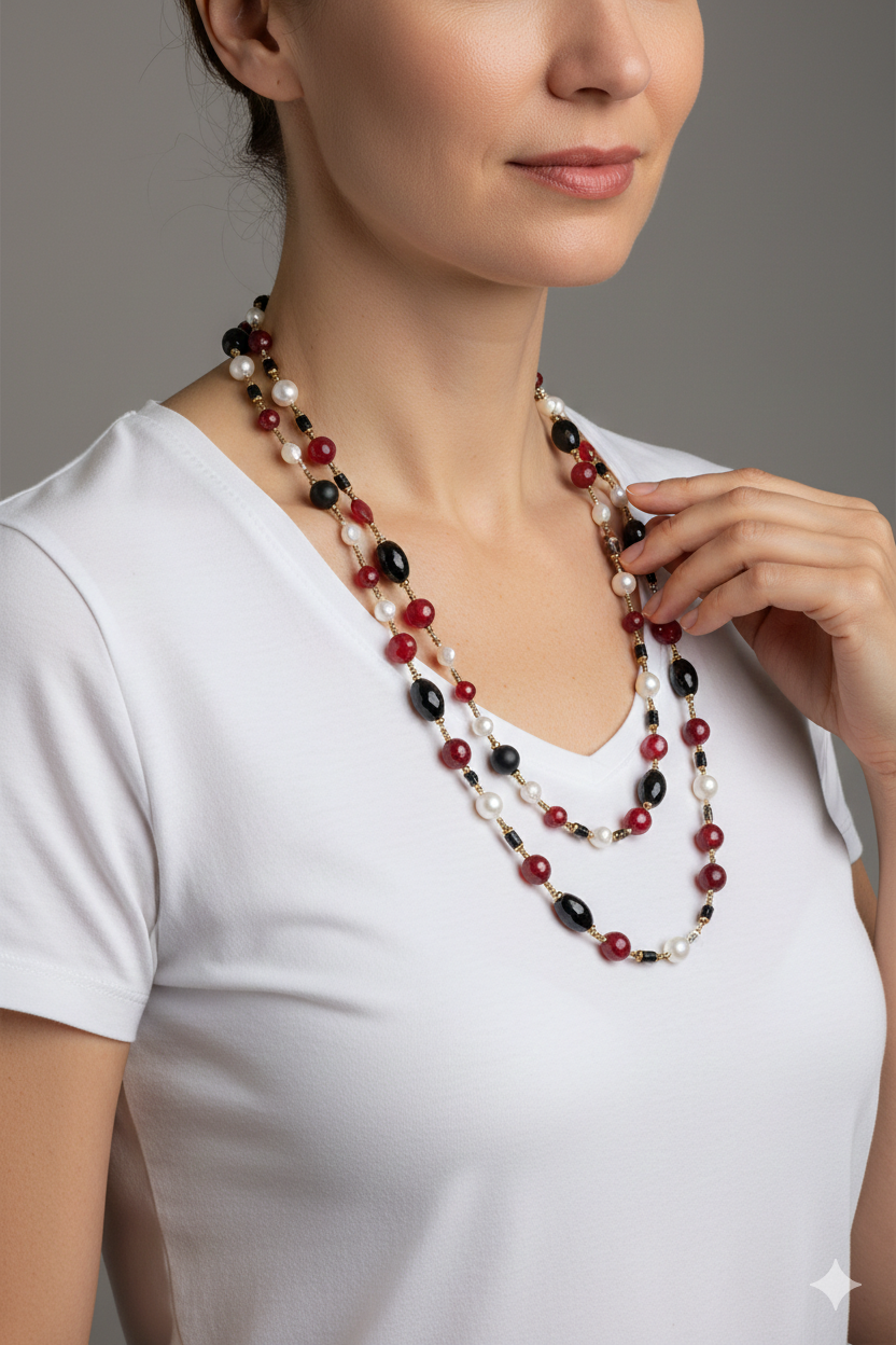 COLLANA ARTIGIANALE LUNGA ONICE BORGOGNA PERLE PHRENITE EMATITE