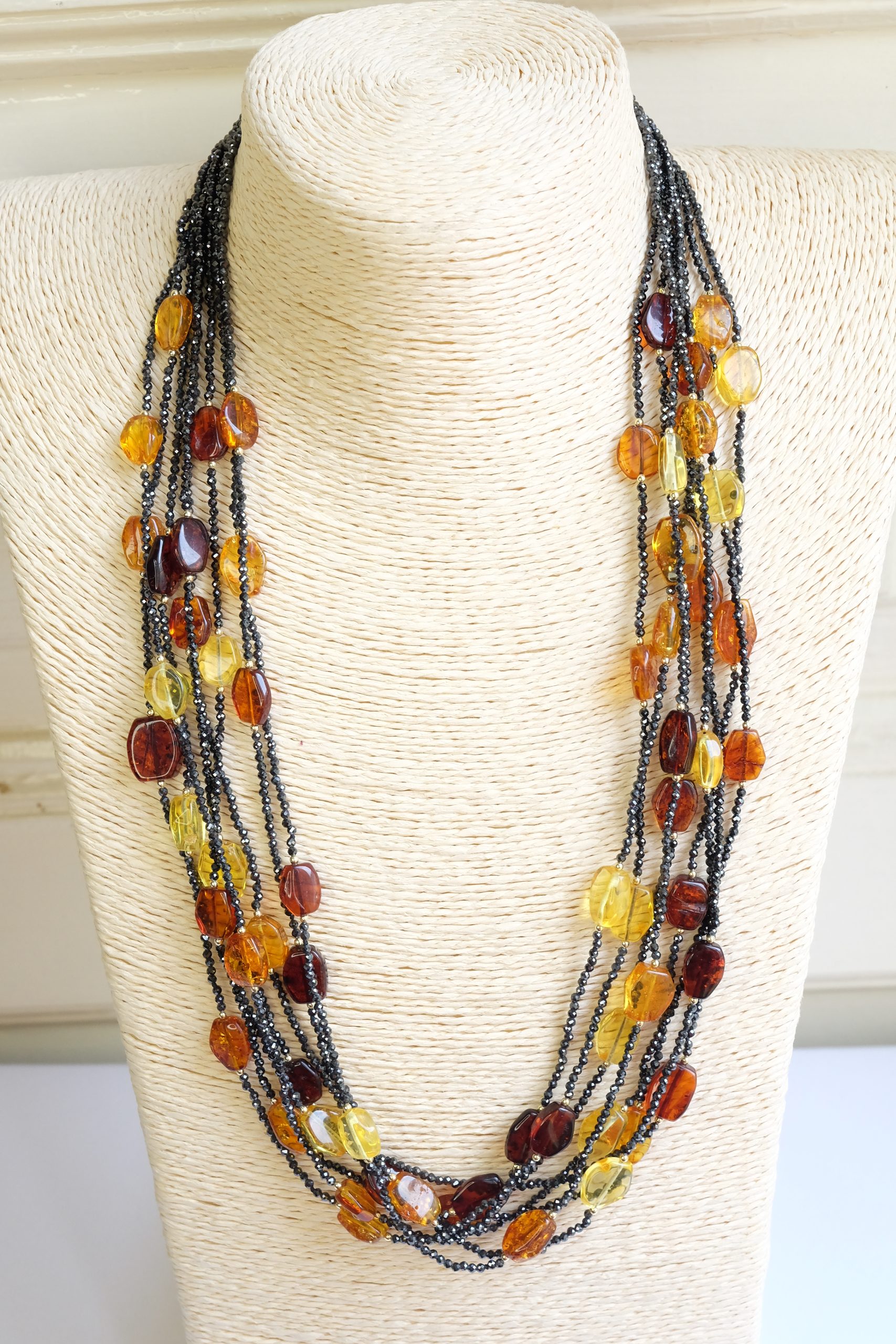 HANDMADE MULTI-STRING NECKLACE WITH BLACK ZIRCONIA, BALTIC AMBER, GOLD-PLATED SILVER (1)