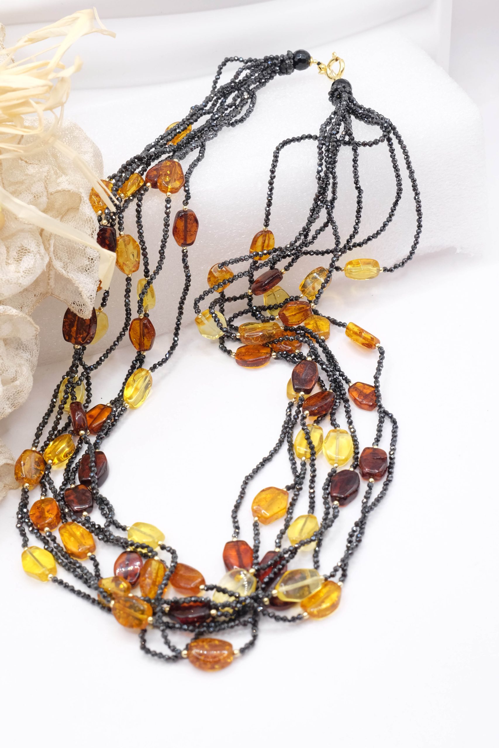 HANDMADE MULTI-STRING NECKLACE WITH BLACK ZIRCONIA, BALTIC AMBER, GOLD-PLATED SILVER (2)
