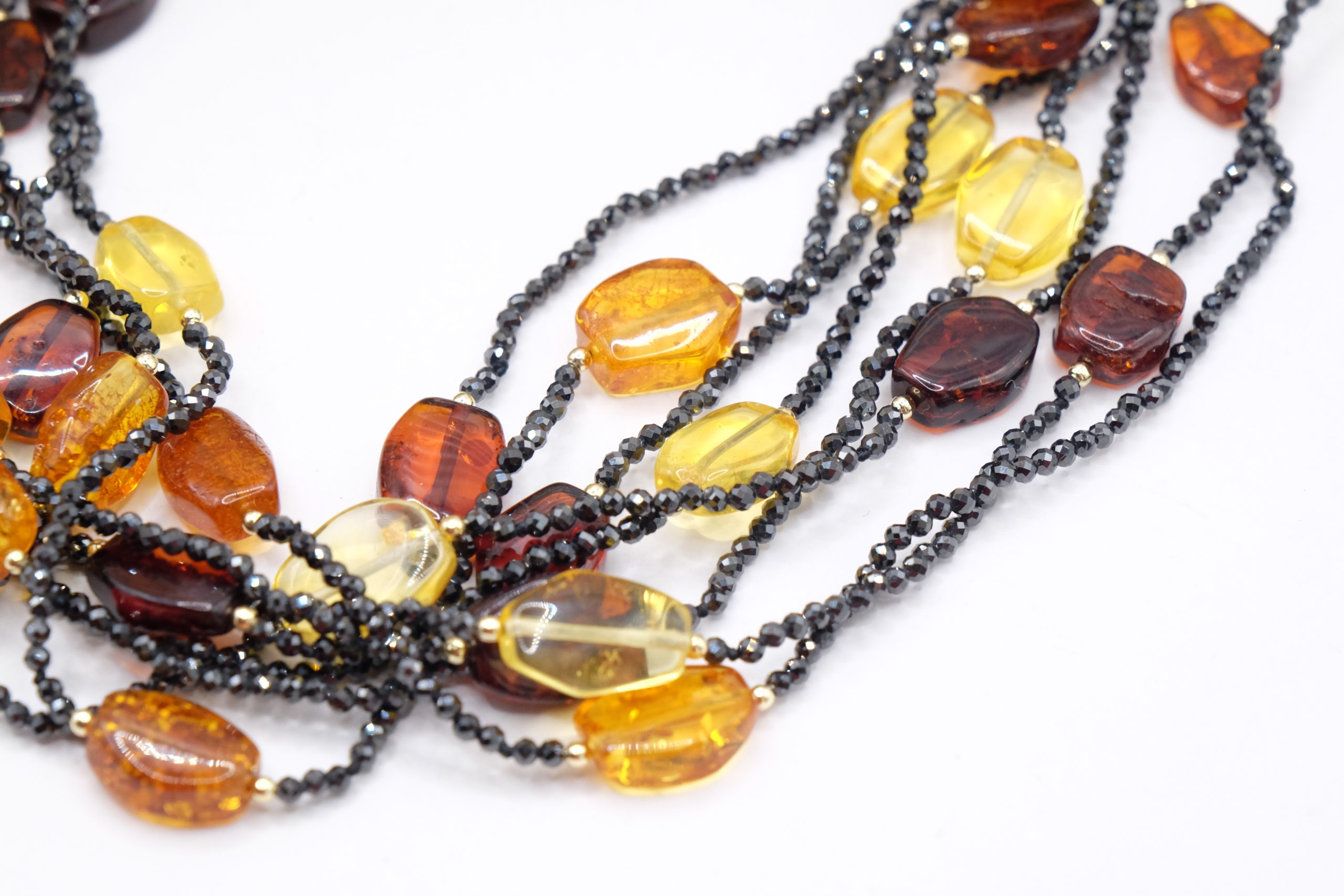 HANDMADE MULTI-STRING NECKLACE WITH BLACK ZIRCONIA, BALTIC AMBER, GOLD-PLATED SILVER (3)