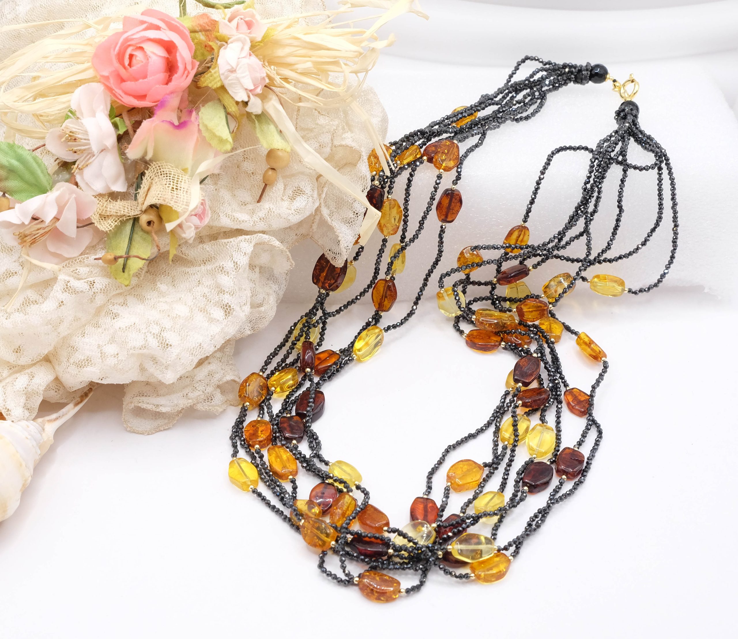 HANDMADE MULTI-STRING NECKLACE WITH BLACK ZIRCONIA, BALTIC AMBER, GOLD-PLATED SILVER (4)
