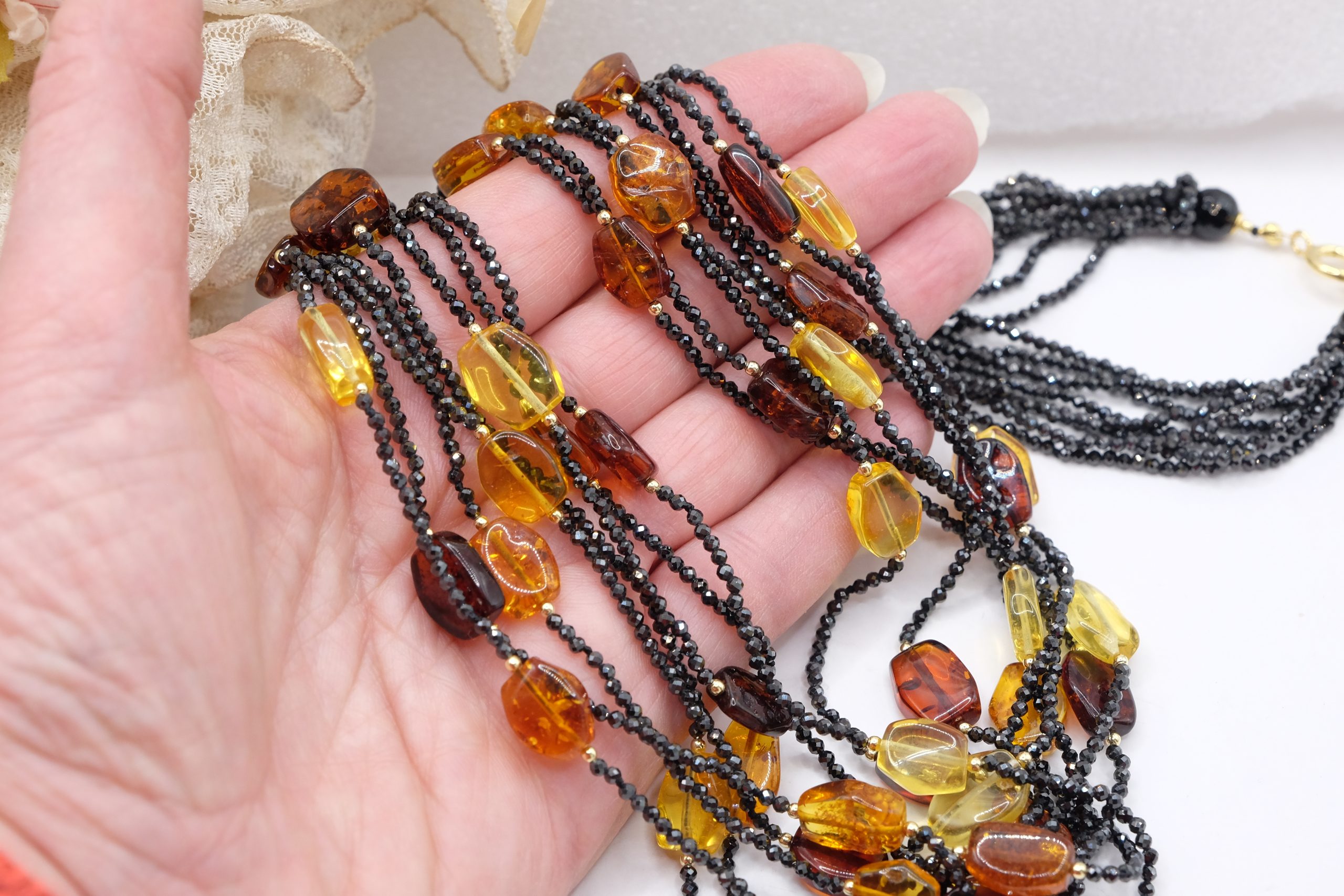 HANDMADE MULTI-STRING NECKLACE WITH BLACK ZIRCONIA, BALTIC AMBER, GOLD-PLATED SILVER (5)