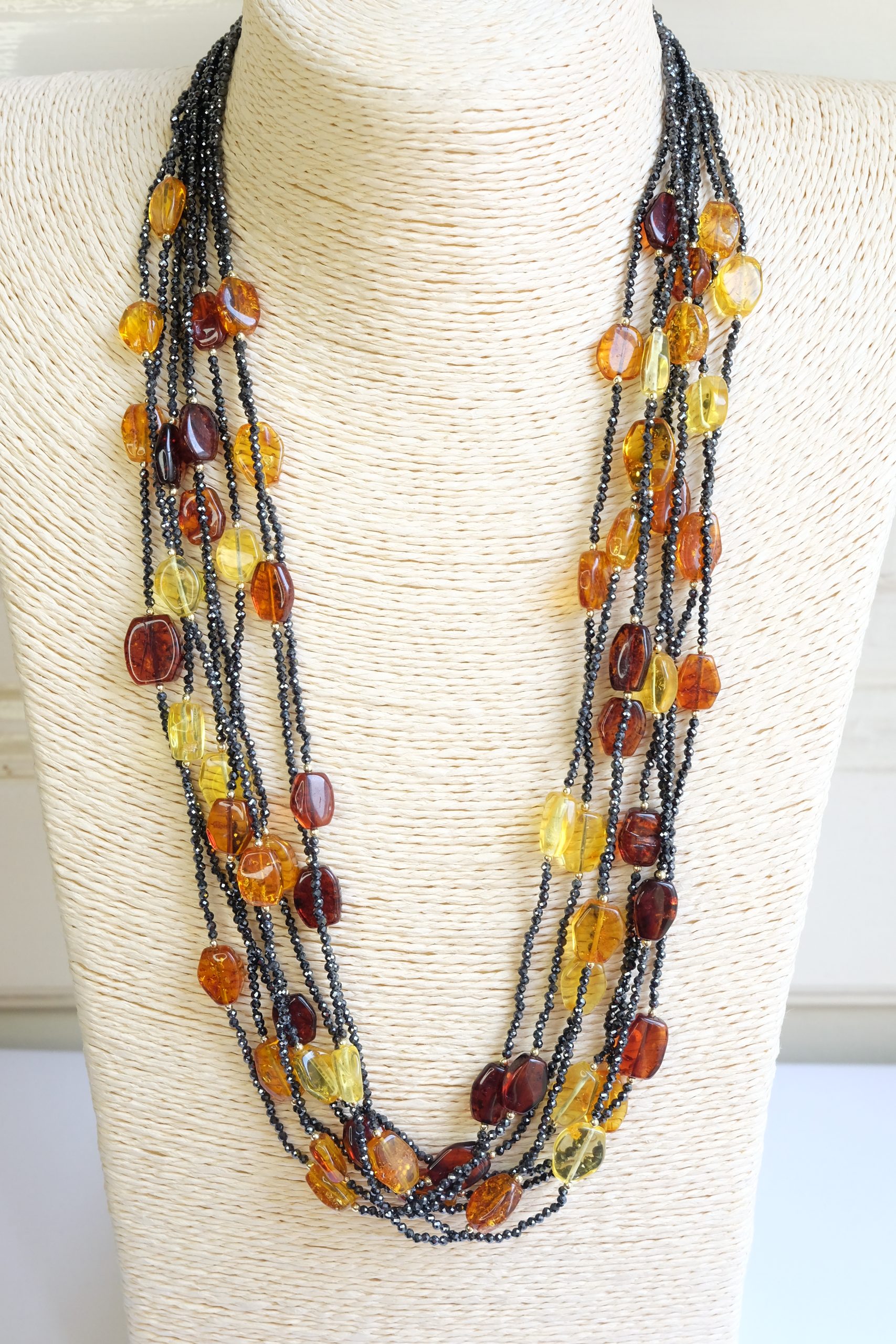 HANDMADE MULTI-STRING NECKLACE WITH BLACK ZIRCONIA, BALTIC AMBER, GOLD-PLATED SILVER (6)