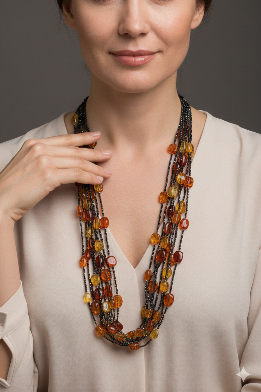 Handcrafted multi-strand necklace with black zirconia, Baltic amber, and gold-plated silver.