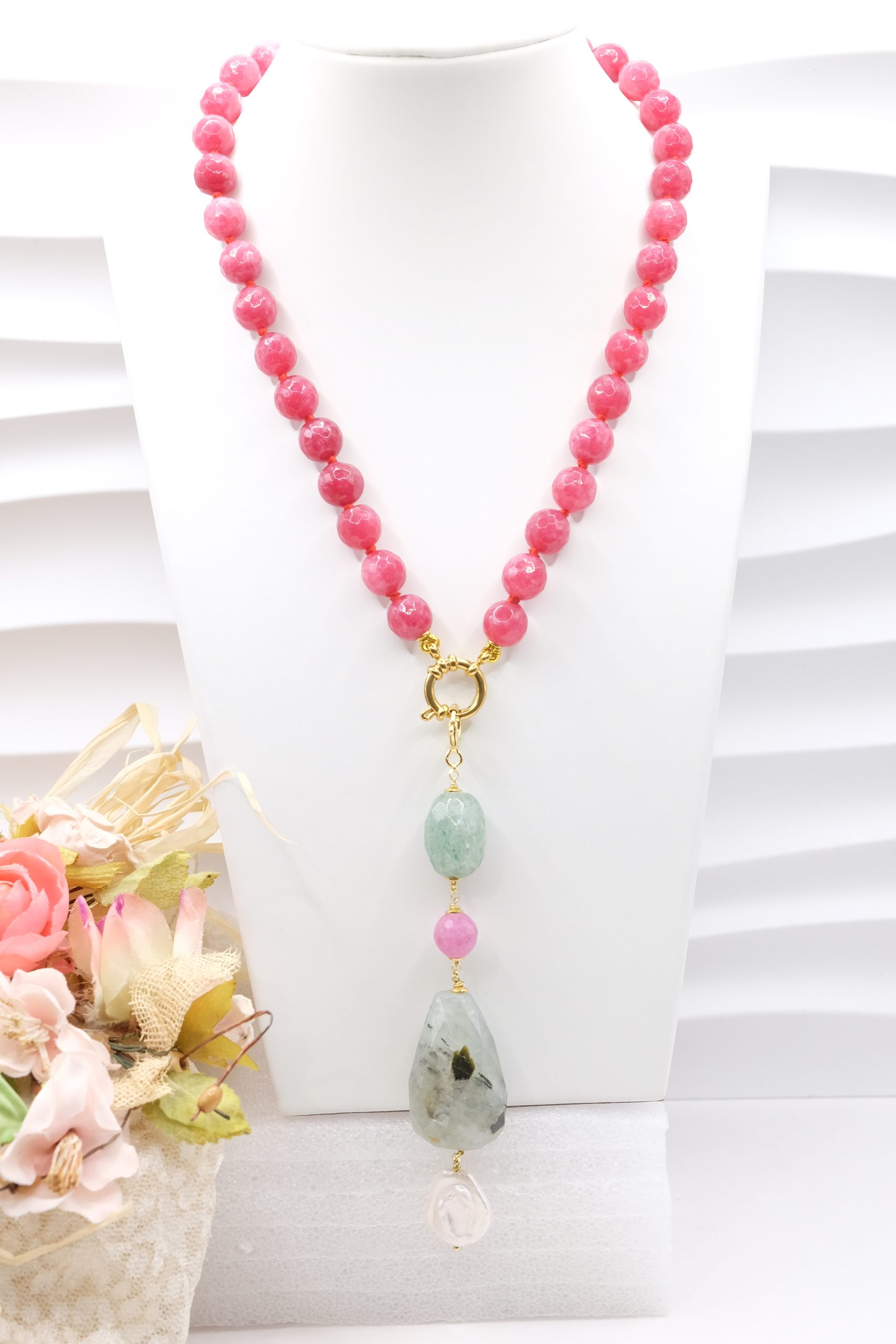COLLANA ARTIGIANALE PHRENITE GIADA FUXIA PERLA (2)