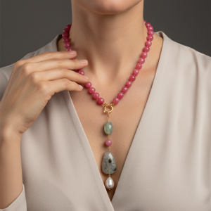Collana Agata Vino Ciondolo Phrenite Tormalina Rosa Perla Naturale