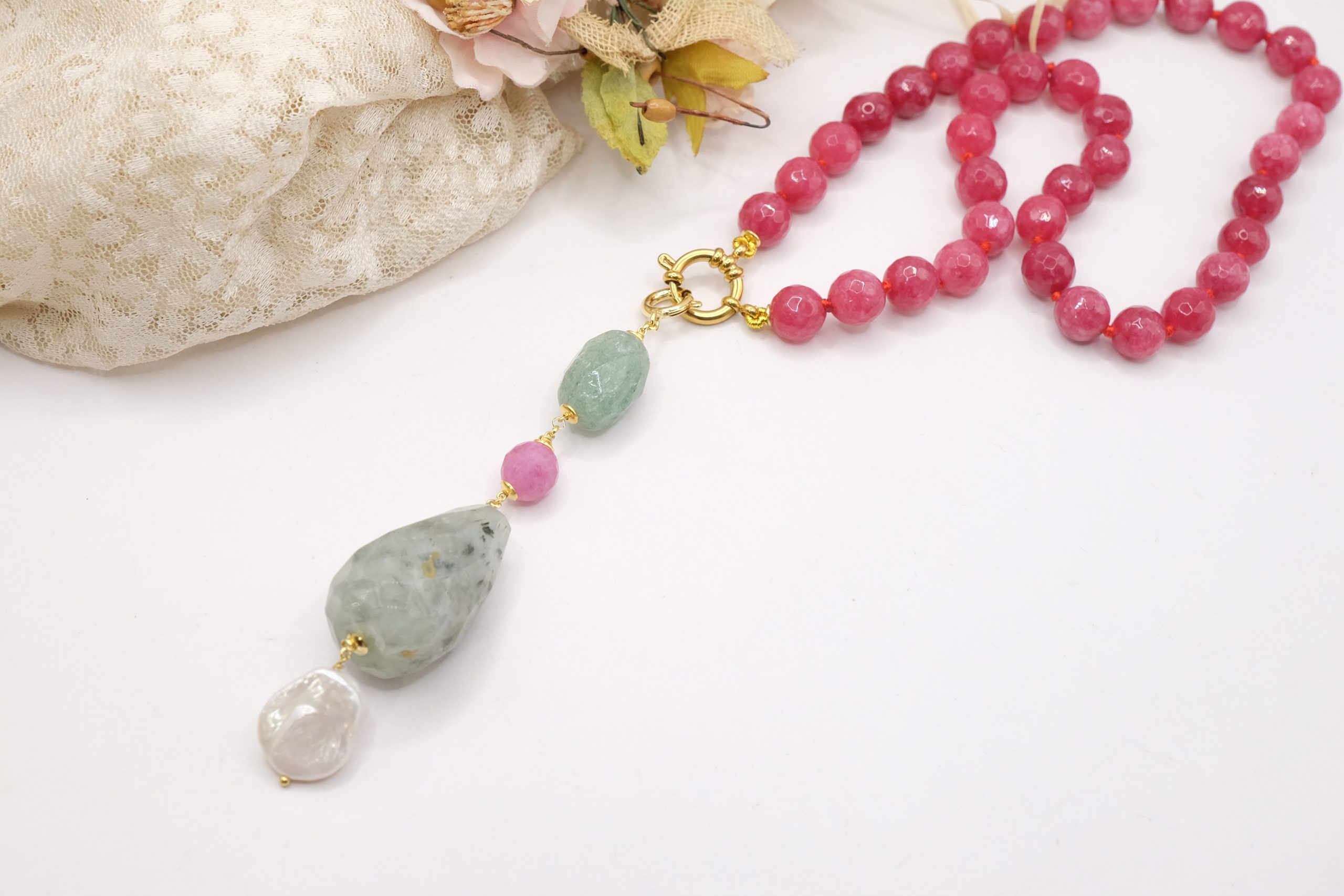 COLLANA ARTIGIANALE PHRENITE GIADA FUXIA PERLA (5)
