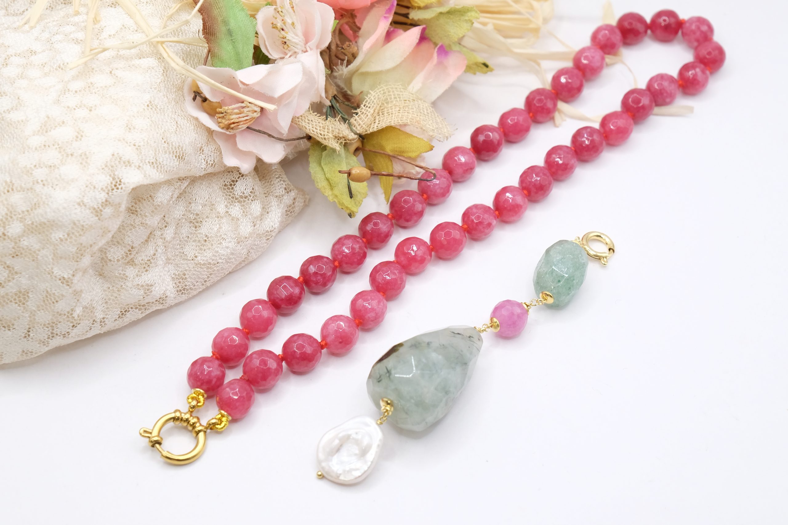 COLLANA ARTIGIANALE PHRENITE GIADA FUXIA PERLA (7)