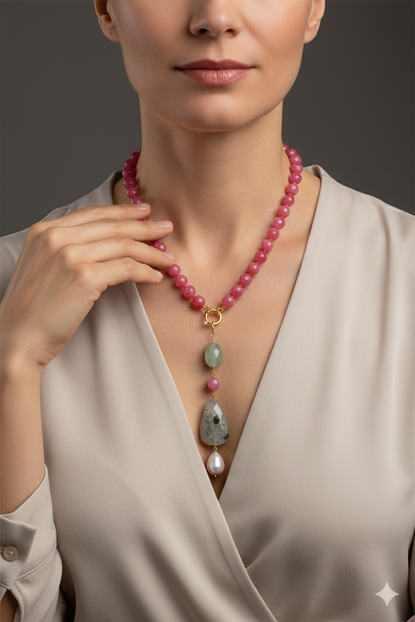 COLLANA ARTIGIANALE PHRENITE GIADA FUXIA PERLA