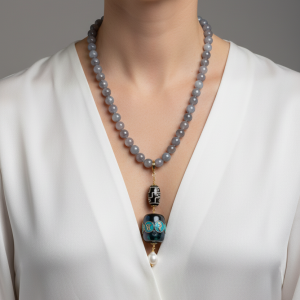 Collana Artigianale Ciondolo Nepalese Perla Ceramica Quarzo Grigio