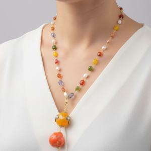 Collana Tormaline Ciondolo Nepalese Perla Corallo Acciaio