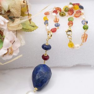 Collana Tormaline Multicolore a Rosario Ciondolo Lapis Perla Borgogna Argento