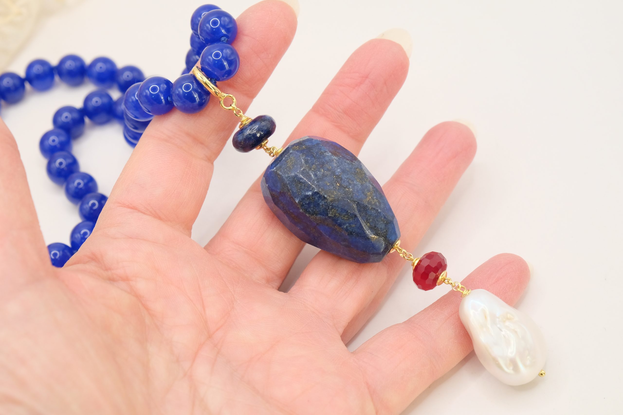 COLLANA GIADA BLU LAPIS PERLA GIADA BORGOGNA ARGENTO 925 PLACCATO ORO ARTIGIANALE (1)