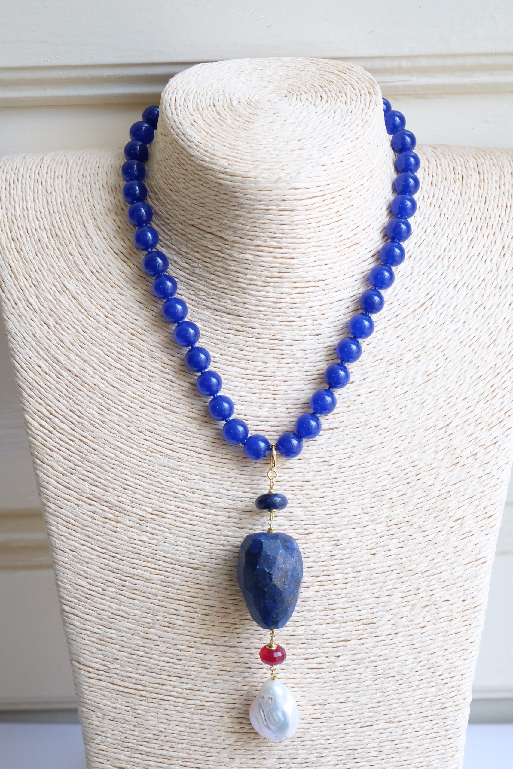 COLLANA GIADA BLU LAPIS PERLA GIADA BORGOGNA ARGENTO 925 PLACCATO ORO ARTIGIANALE (2)