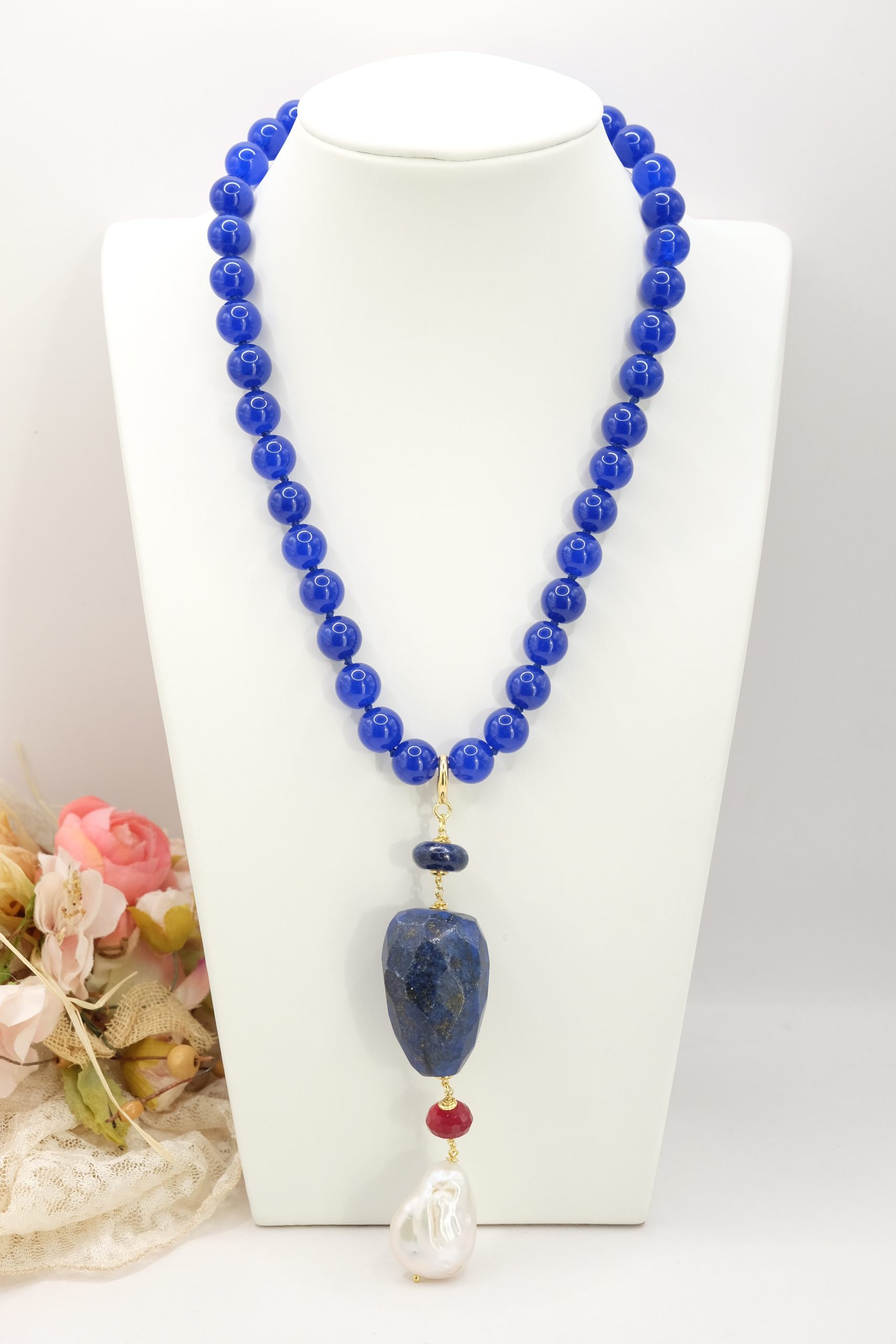 COLLANA GIADA BLU LAPIS PERLA GIADA BORGOGNA ARGENTO 925 PLACCATO ORO ARTIGIANALE (3)