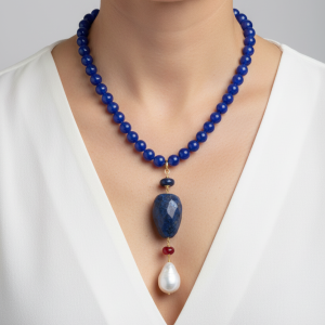Collana Giada Blu Ciondolo Lapis Perla Naturale Borgogna Argento