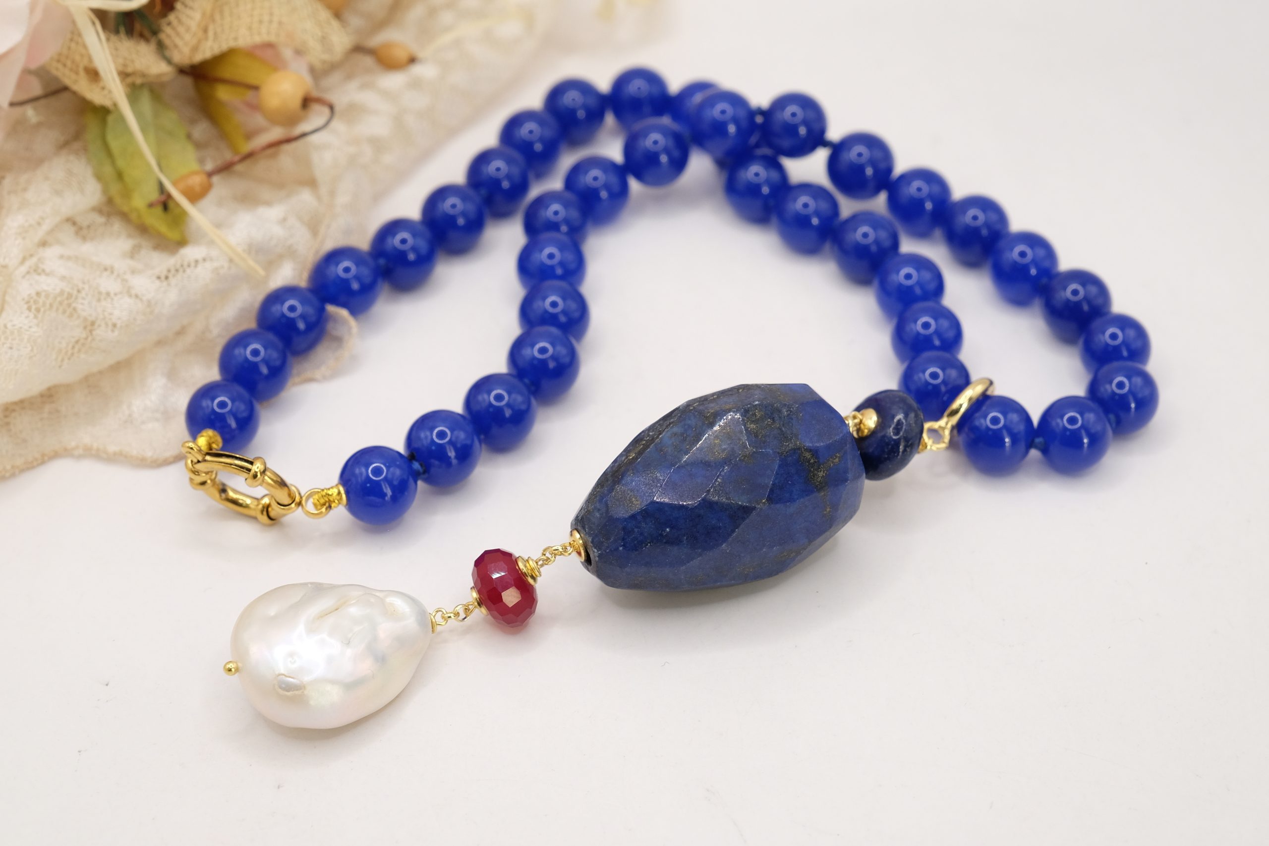 COLLANA GIADA BLU LAPIS PERLA GIADA BORGOGNA ARGENTO 925 PLACCATO ORO ARTIGIANALE (4)
