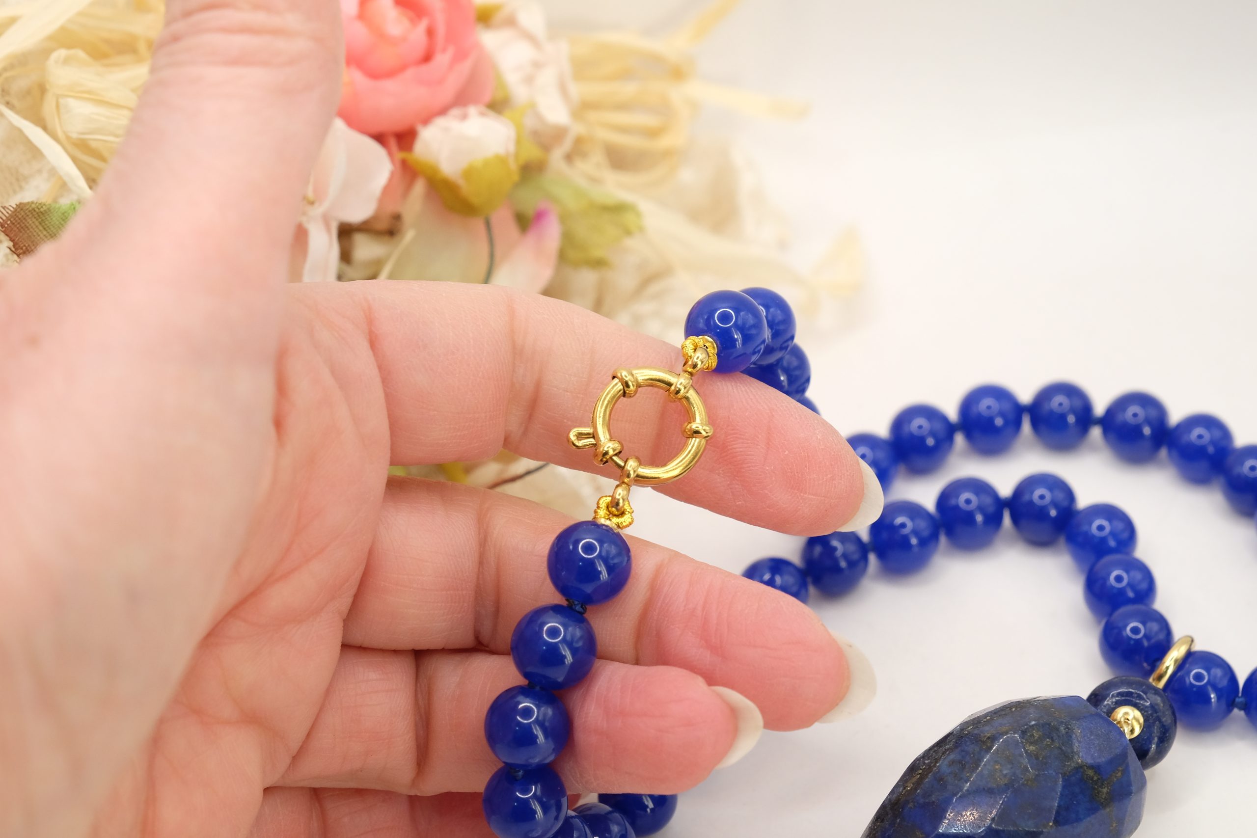 COLLANA GIADA BLU LAPIS PERLA GIADA BORGOGNA ARGENTO 925 PLACCATO ORO ARTIGIANALE (6)