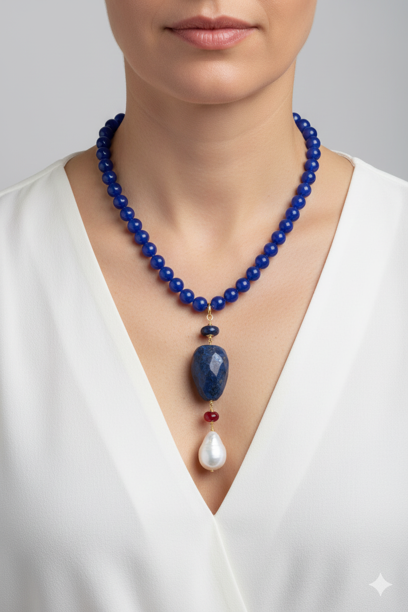 COLLANA GIADA BLU LAPIS PERLA GIADA BORGOGNA ARGENTO 925 PLACCATO ORO ARTIGIANALE